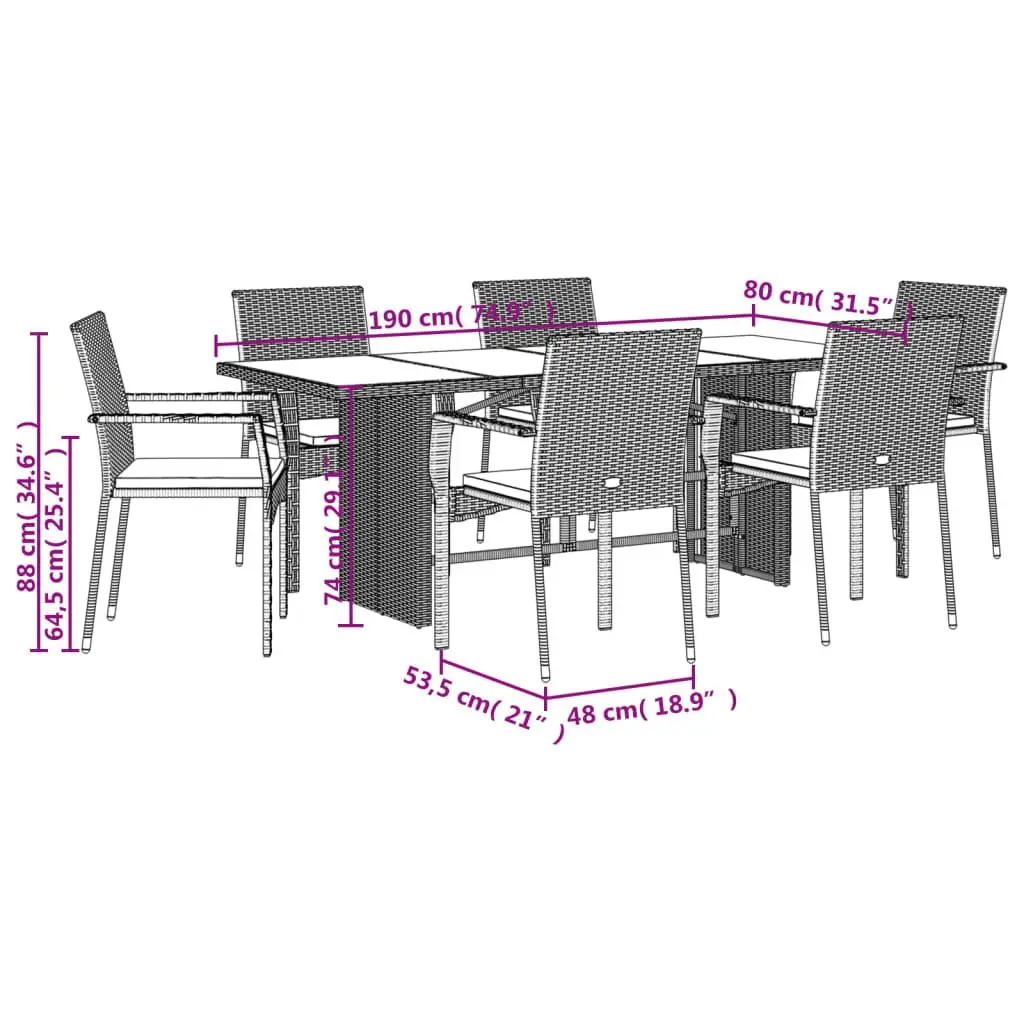 7-Piece Black Poly Rattan Dining Set with Cushions