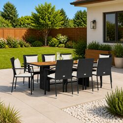 9 Piece Outdoor Dining Set: Black Poly Rattan, Acacia Wood