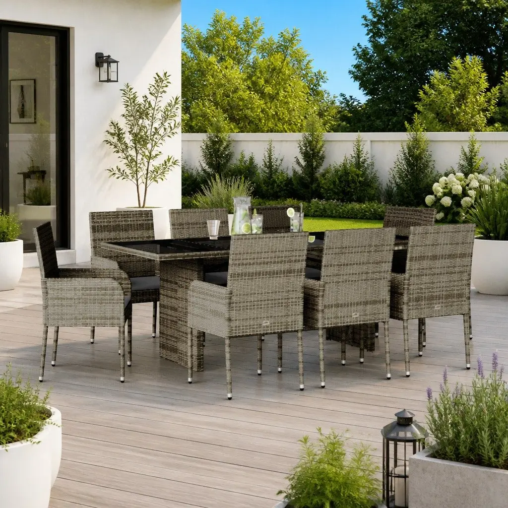 9 Piece Grey Poly Rattan Dining Set