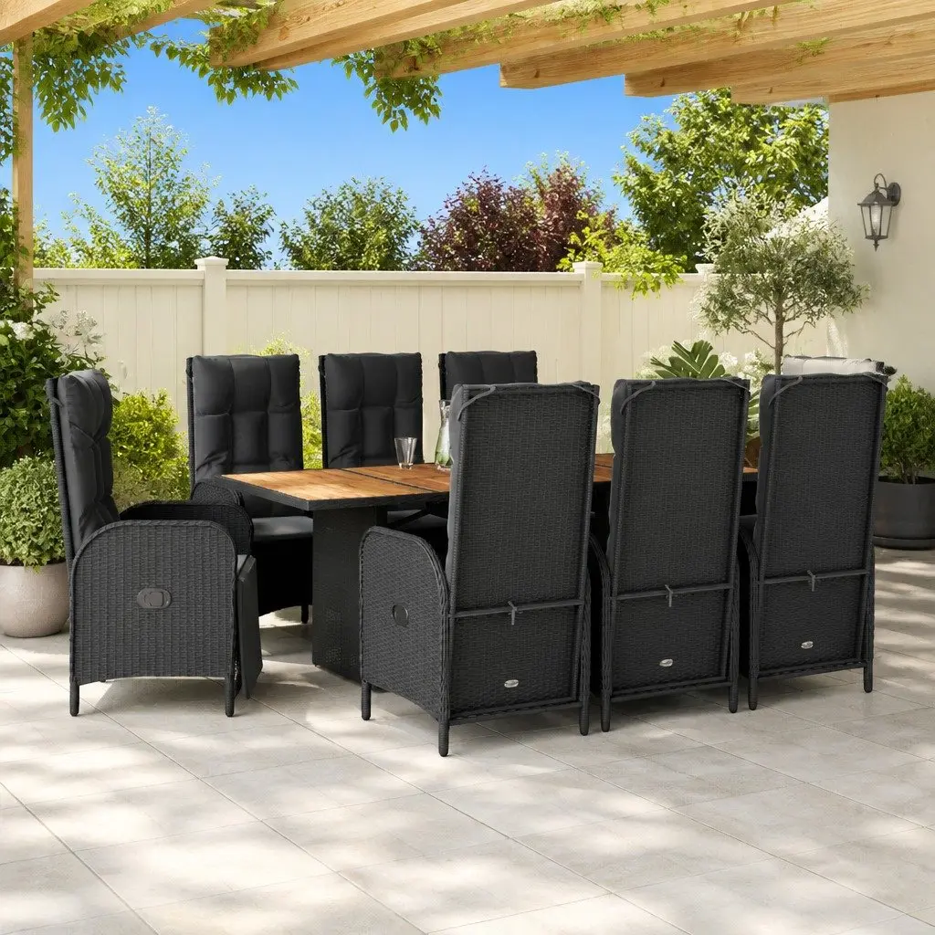 Garden Dining Set 9 Piece Adjustable Backrest Chairs Cushions Acacia Wood Table Black Poly Rattan