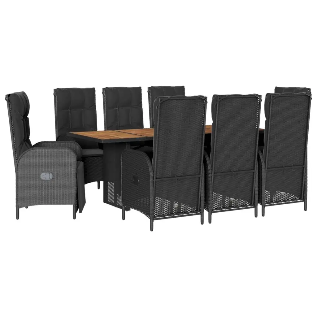 Garden Dining Set 9 Piece Adjustable Backrest Chairs Cushions Acacia Wood Table Black Poly Rattan