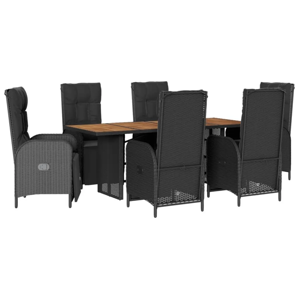 7 Piece Outdoor Dining Set Garden Use Black PE Rattan Table with Acacia Wood Top and Chairs with Adjustable Backrests and Cushions