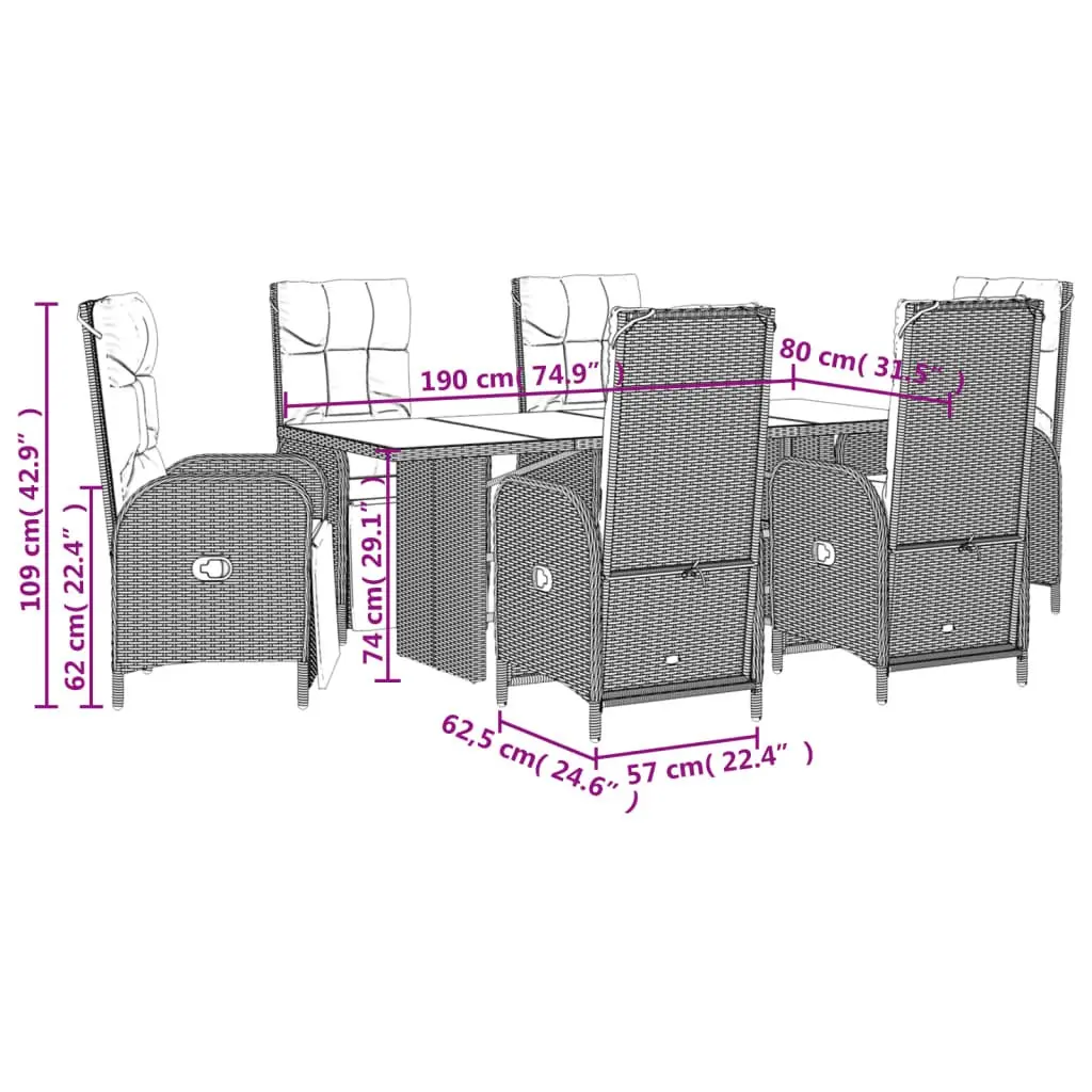 7 Piece Outdoor Dining Set Garden Use Black PE Rattan Table with Acacia Wood Top and Chairs with Adjustable Backrests and Cushions