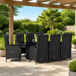 9-Piece Black Poly Rattan Garden Dining Set with Cushions