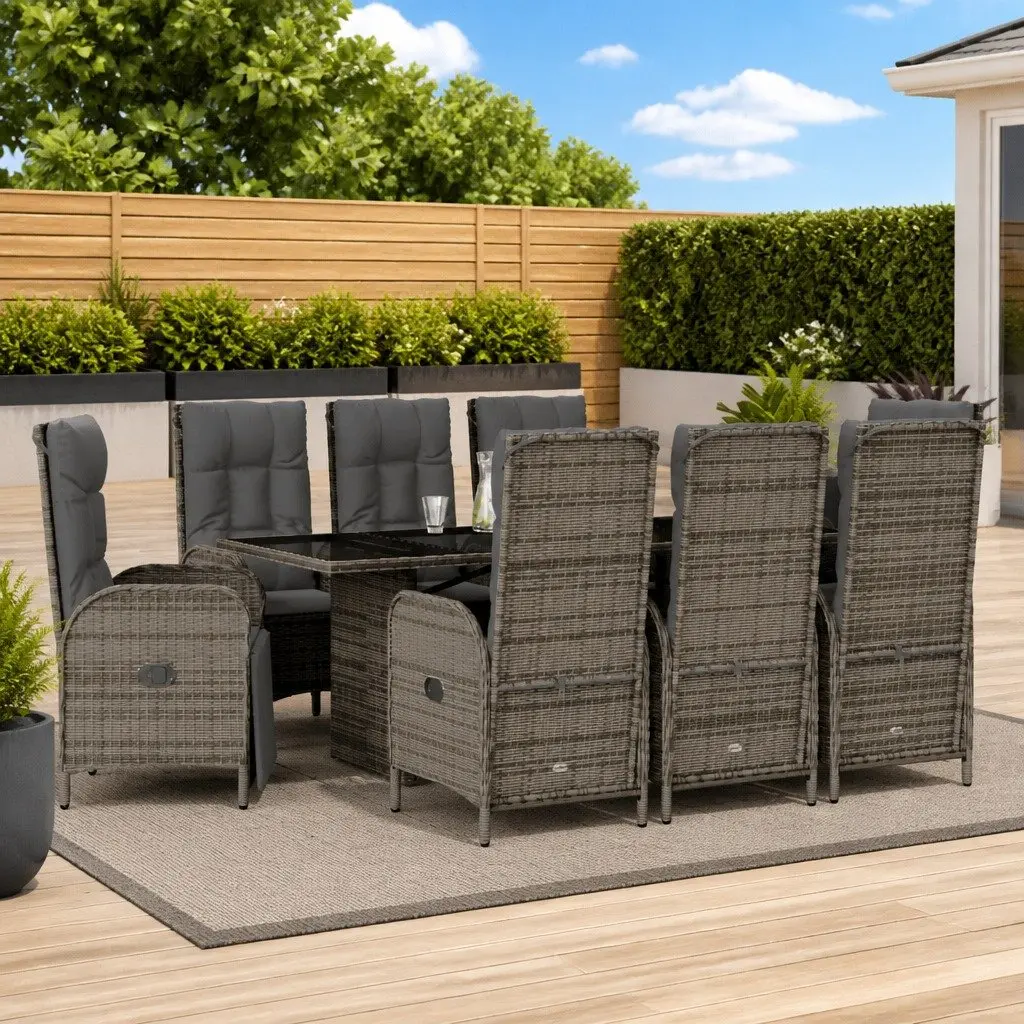 Outdoor Furniture Set 9 Piece Grey Poly Rattan Table Chairs for Patio Garden