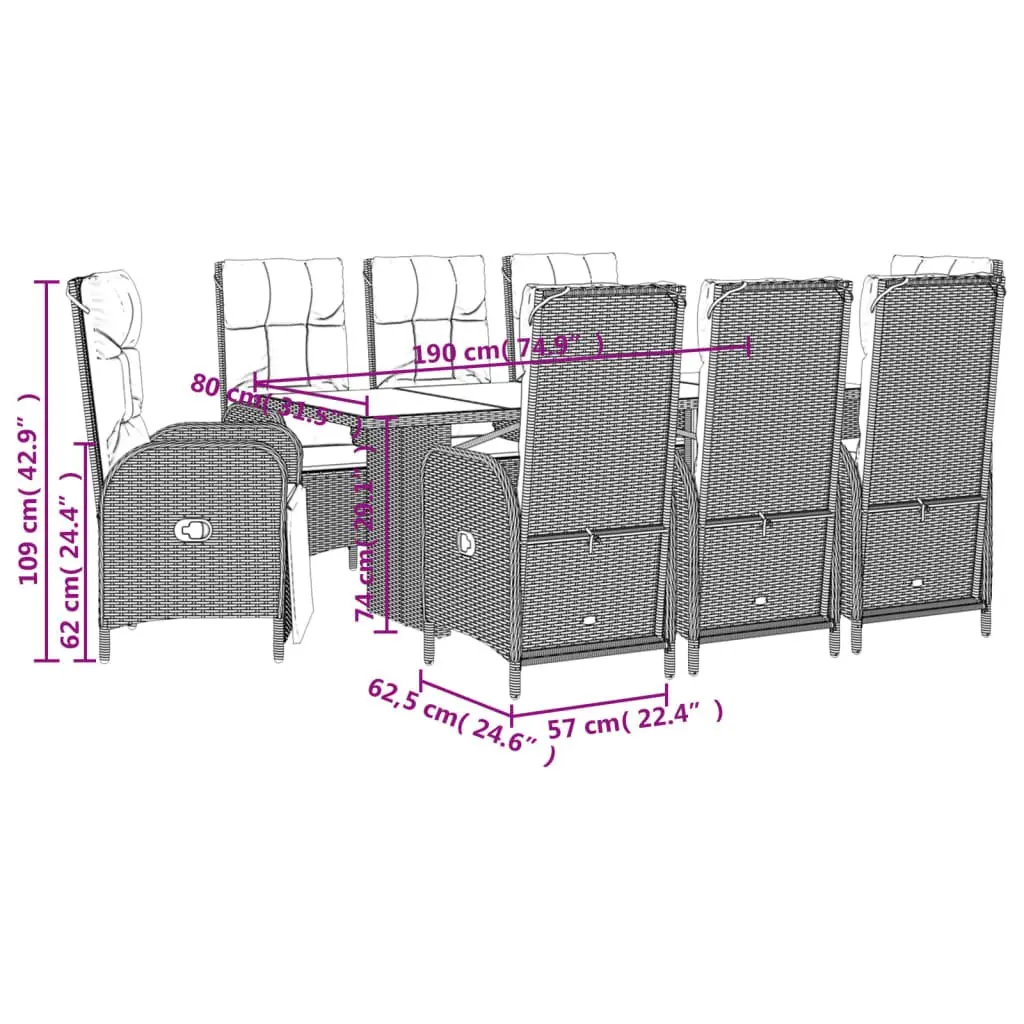 Outdoor Furniture Set 9 Piece Grey Poly Rattan Table Chairs for Patio Garden