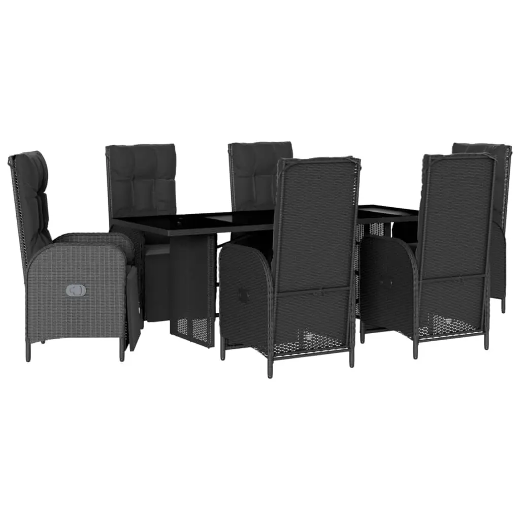 Outdoor Dining Set 7 Piece Black Poly Rattan Chairs Table with Cushions