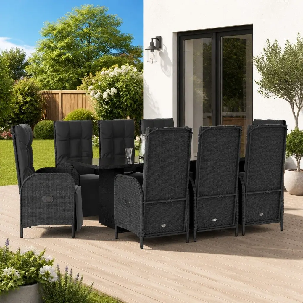 Outdoor Garden Dining Set 9 Piece Black Poly Rattan Chairs Table