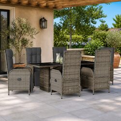 7 Piece Garden Dining Set with Cushions Grey Poly Rattan Outdoor Furniture
