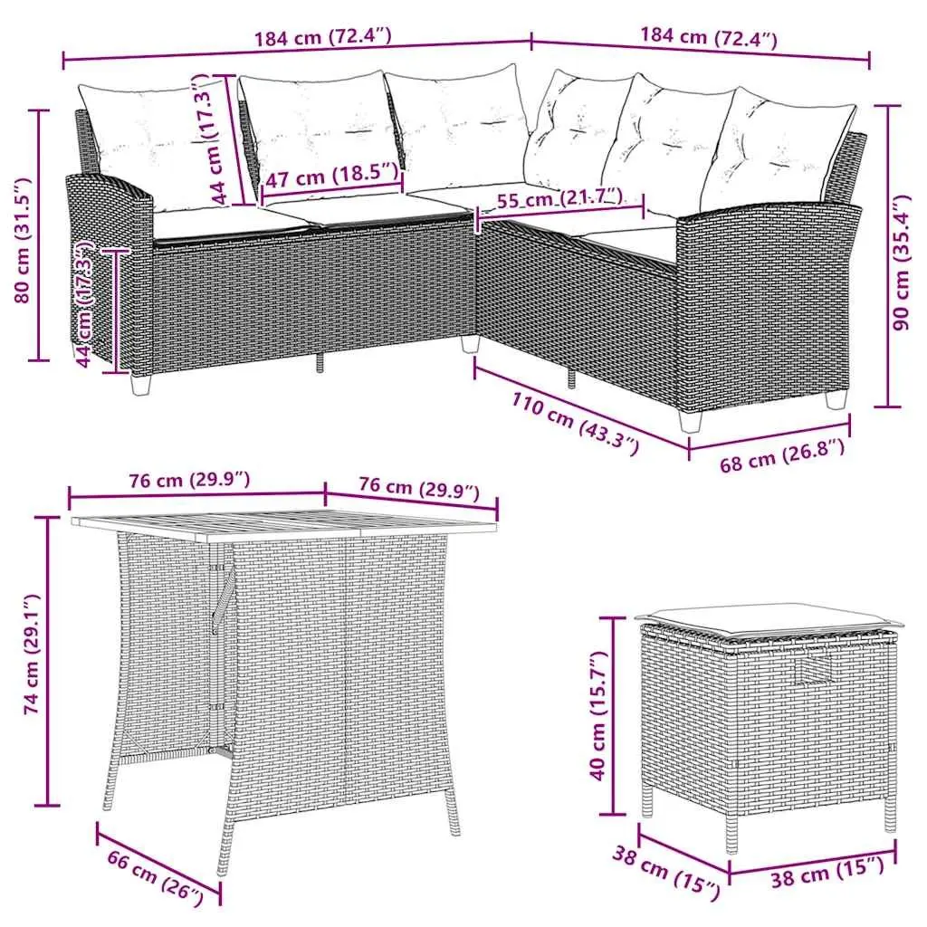 L-Shaped Garden Sofa Set 6 Piece Outdoor Furniture with Cushions Black