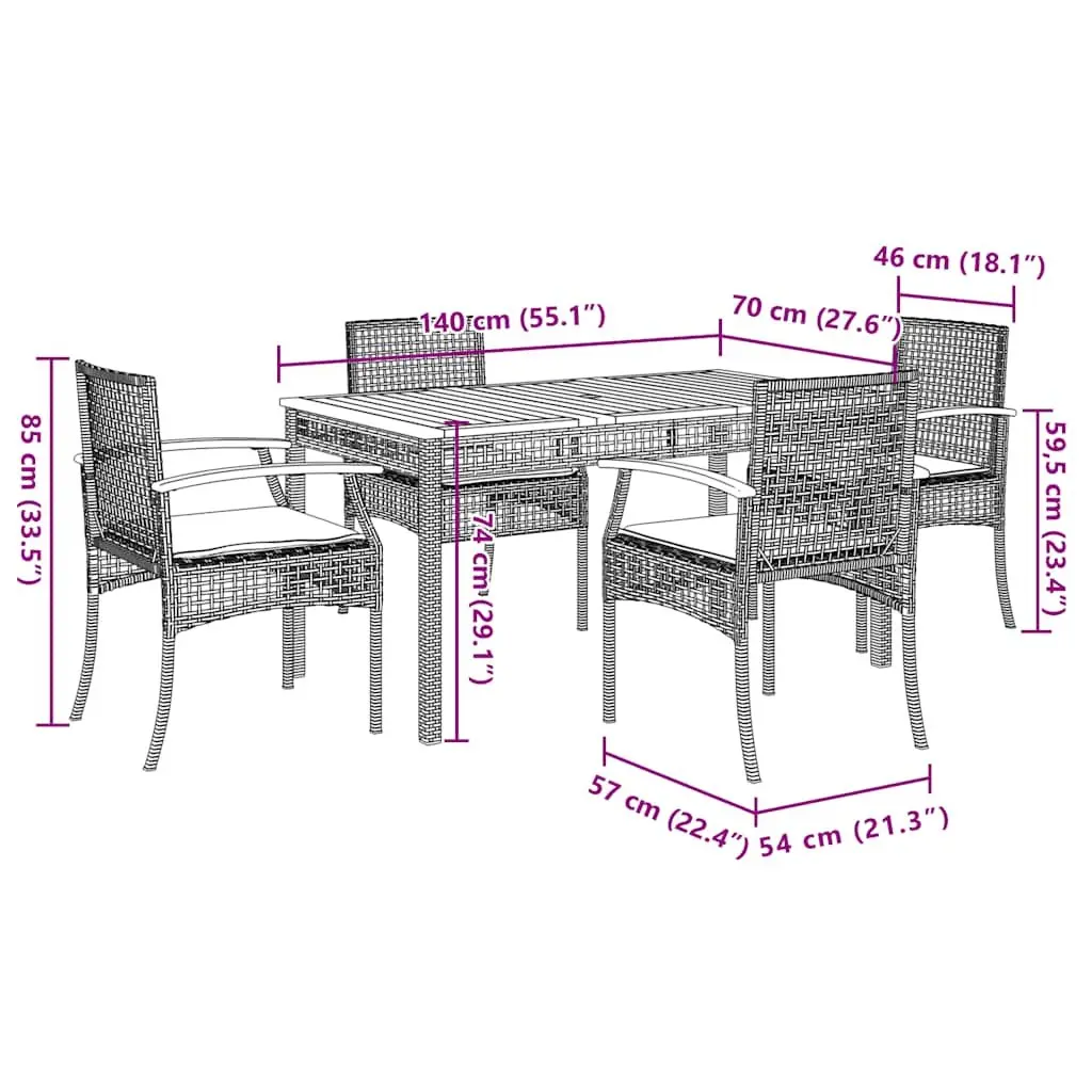 5 Piece Outdoor Dining Set Black Poly Rattan Garden Furniture Patio Table Chairs