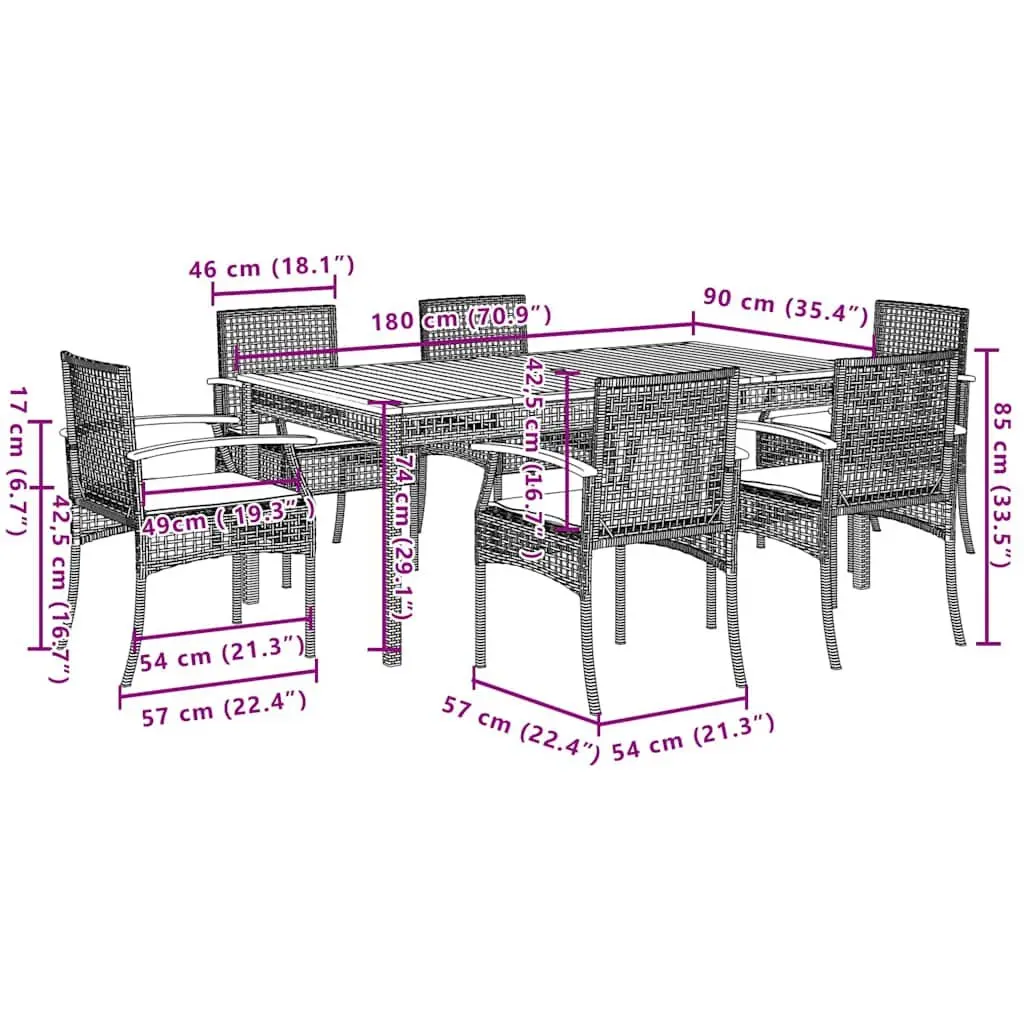 7 Piece Outdoor Garden Dining Set Black Poly Rattan Furniture with Cushions