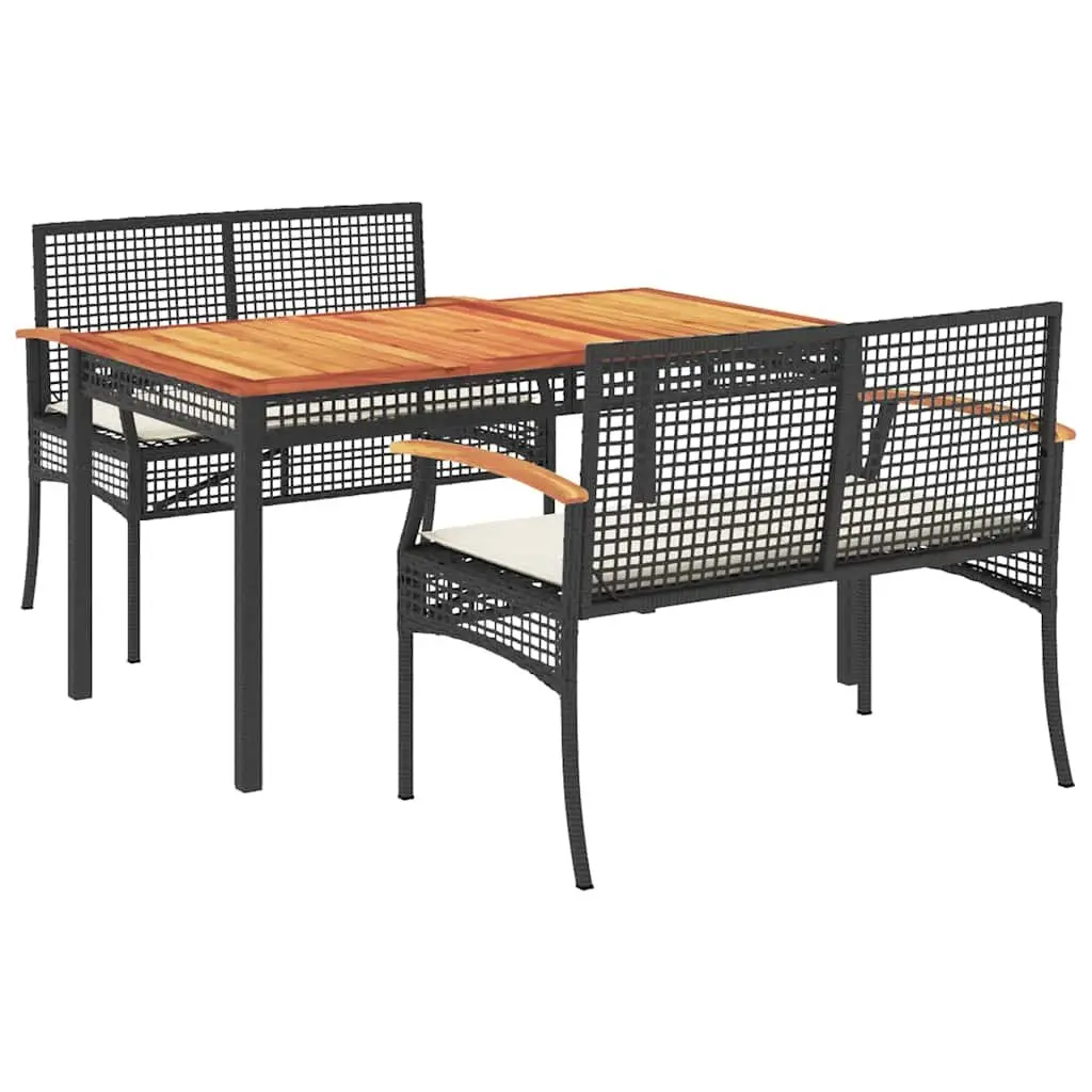 3 Piece Outdoor Garden Dining Set with Cushions Black Poly Rattan Patio
