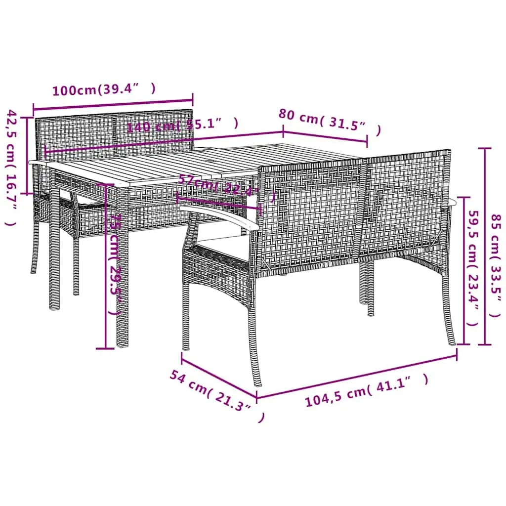 3 Piece Outdoor Garden Dining Set with Cushions Black Poly Rattan Patio