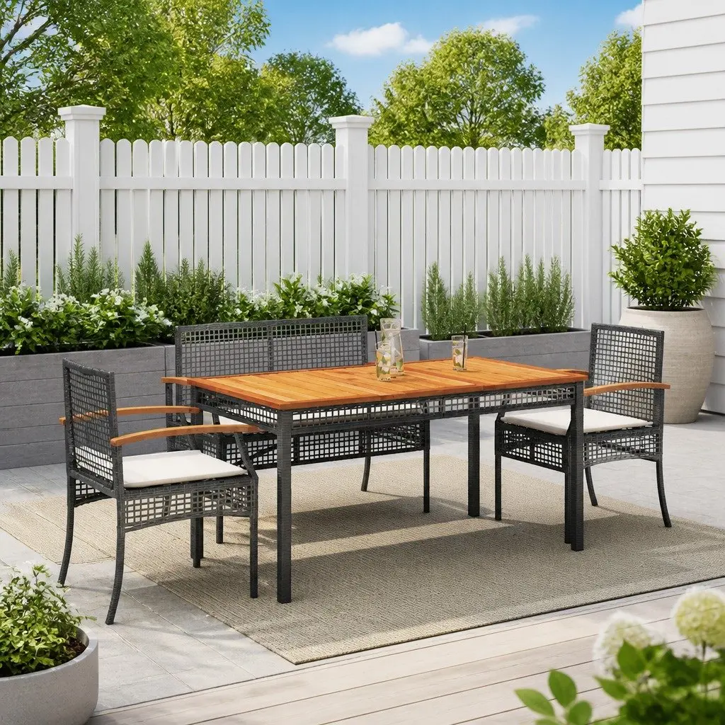 4 Piece Outdoor Dining Set for Garden Patio Black Poly Rattan Table Chairs