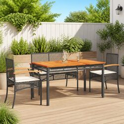 5 Piece Outdoor Dining Set: Black Poly Rattan & Acacia