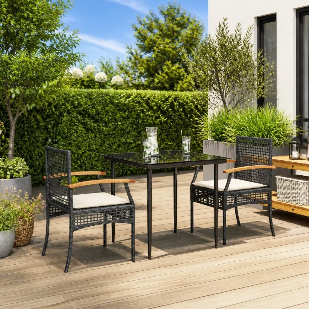 3 Piece Garden Dining Set Outdoor Patio Furniture Black Poly Rattan with