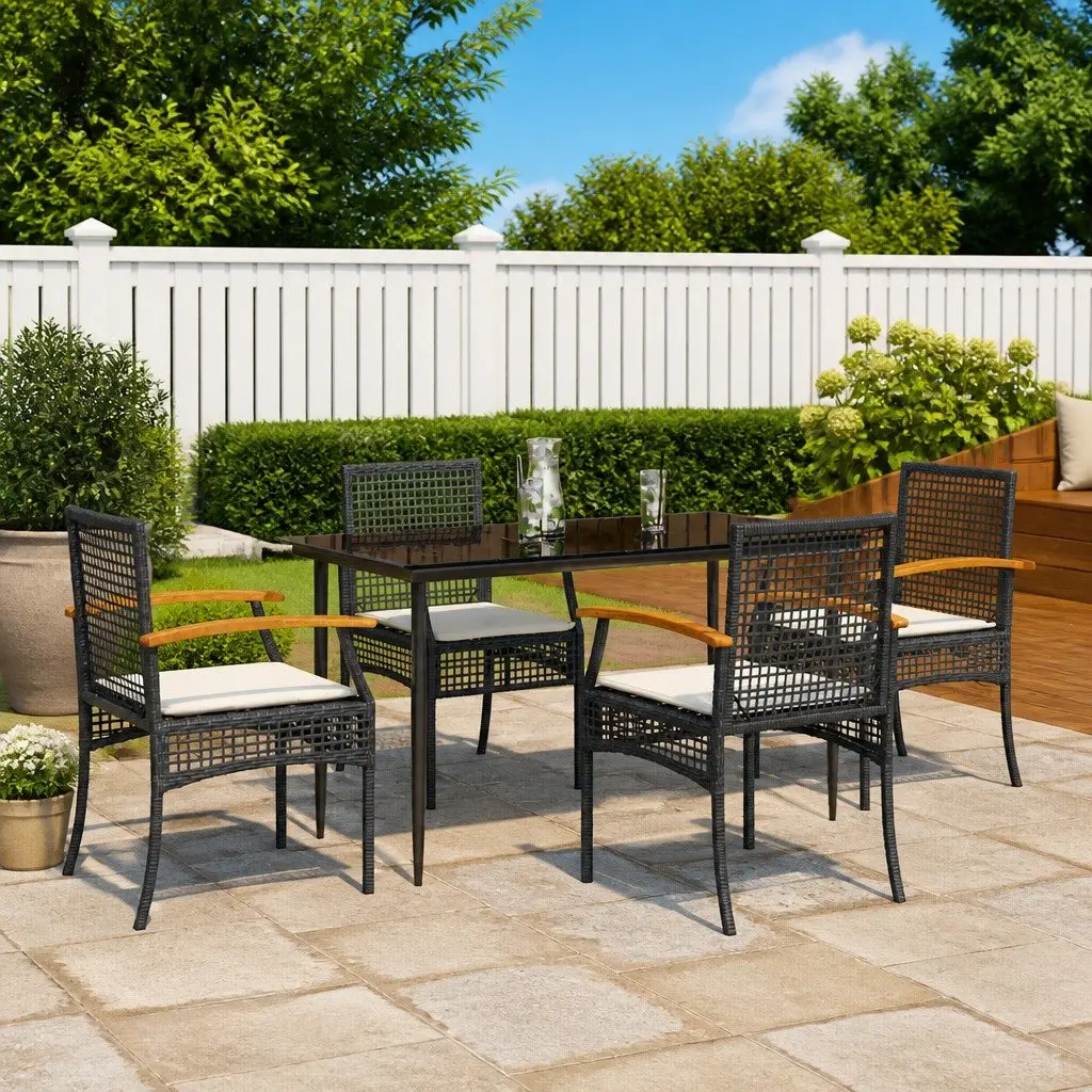 Garden Dining Set 5 Piece Black Poly Rattan Outdoor Furniture for Patio with Cushions and Tempered Glass Tabletop