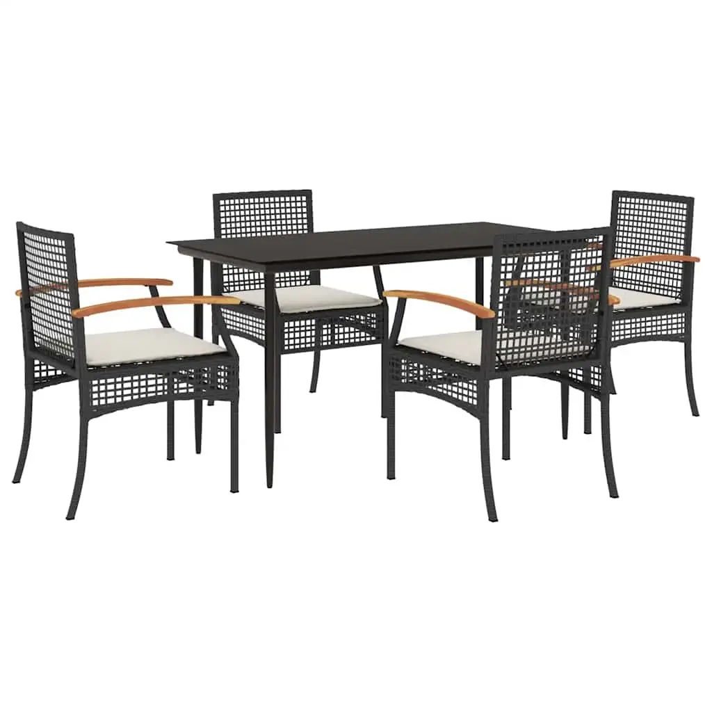 Garden Dining Set 5 Piece Black Poly Rattan Outdoor Furniture for Patio with Cushions and Tempered Glass Tabletop
