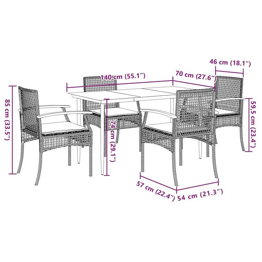 Garden Dining Set 5 Piece Black Poly Rattan Outdoor Furniture for Patio with Cushions and Tempered Glass Tabletop