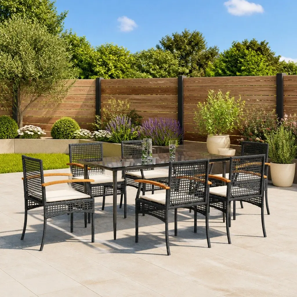 7 Piece Garden Dining Set Outdoor Use Black Poly Rattan