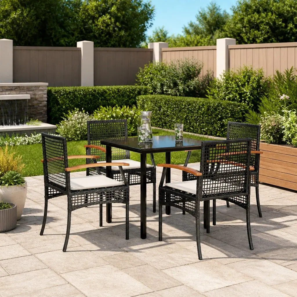 5 Piece Garden Dining Set for Outdoor Use with Black Poly Rattan Table and Chairs with Cushions for Patio