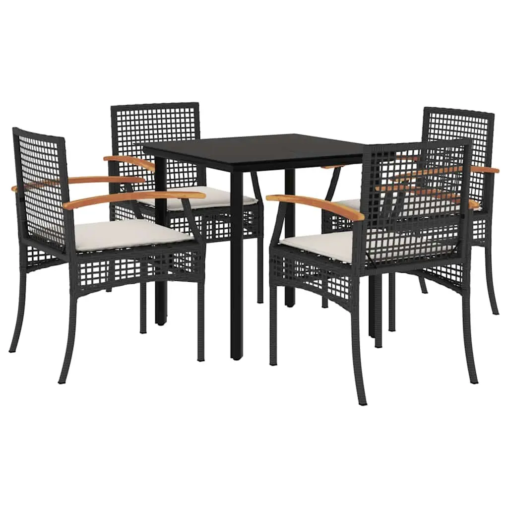 5 Piece Garden Dining Set for Outdoor Use with Black Poly Rattan Table and Chairs with Cushions for Patio
