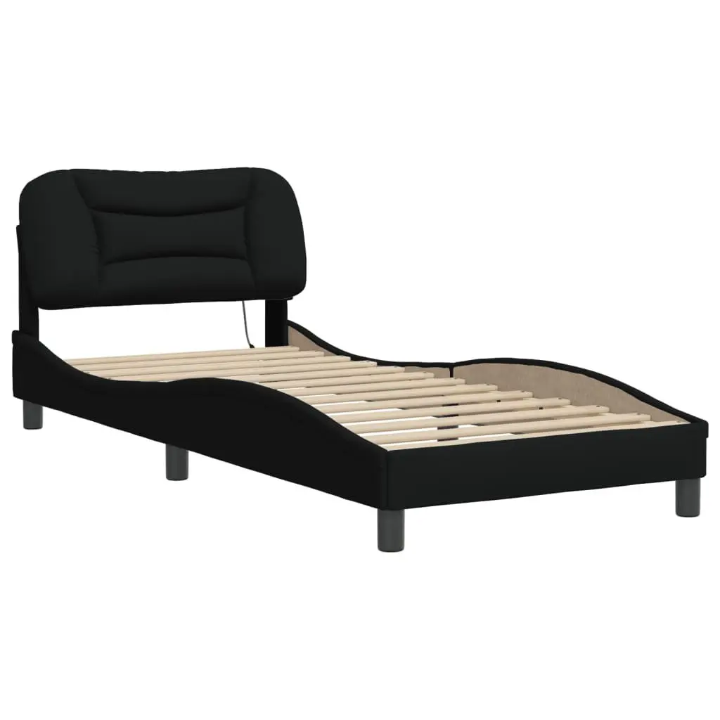 Bed Frame with LED Lights Black Fabric Headboard 90x190 cm Slatted Base Bedroom