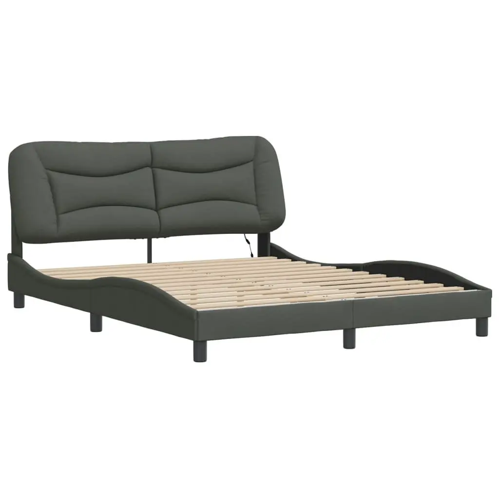 Queen Bed Frame with LED Lights Dark Grey Fabric Headboard 152x203cm Bedroom