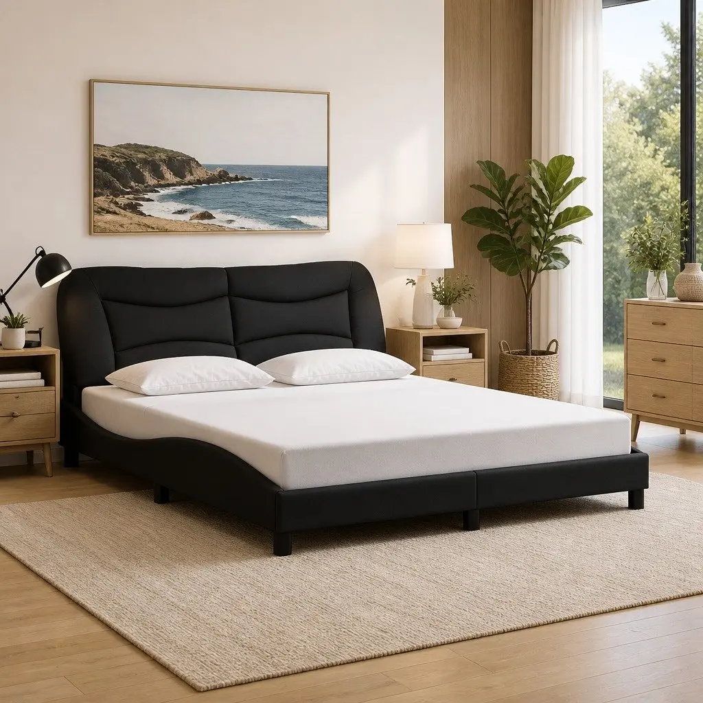 Queen Bed Frame Black Fabric LED Lights Bedroom 152 x 203 cm