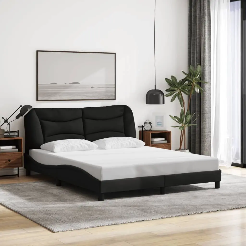 Queen Bed Frame Black Fabric LED Lights Bedroom 152 x 203 cm