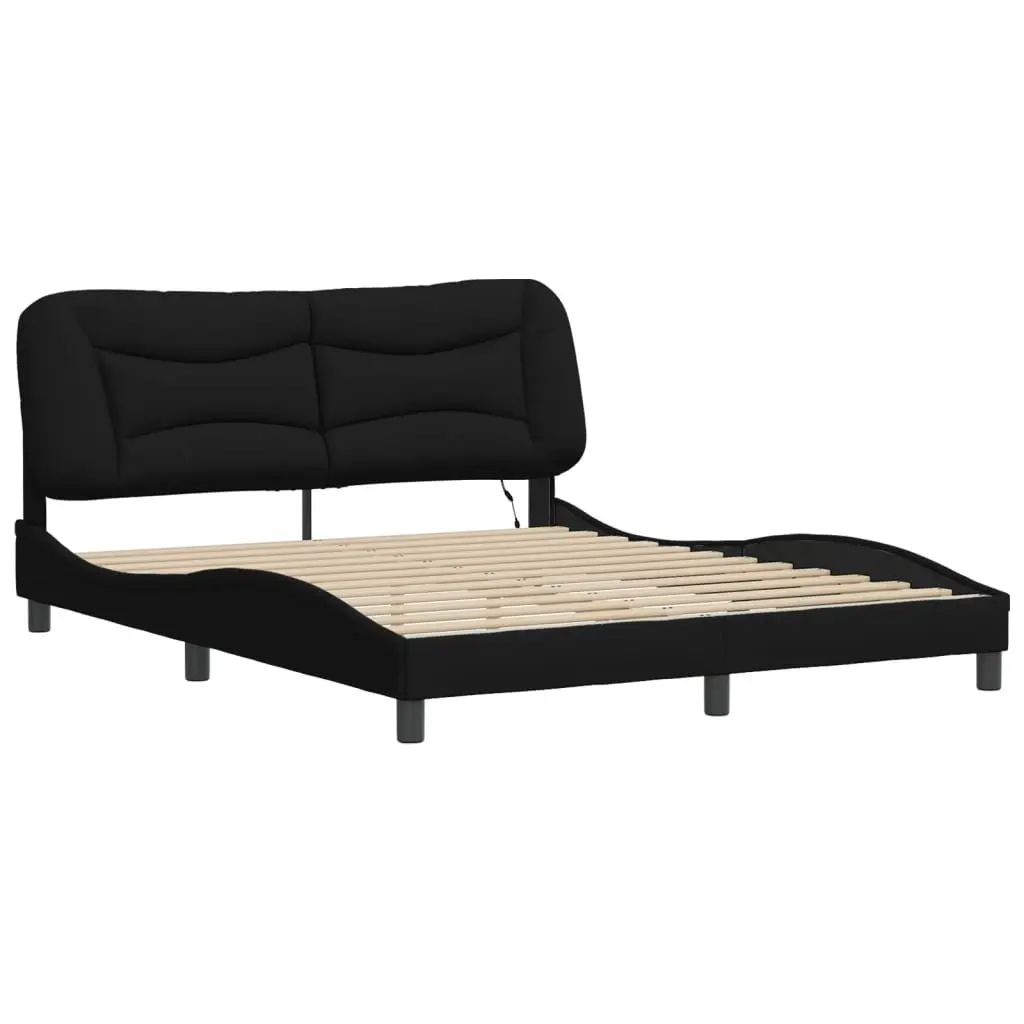Queen Bed Frame Black Fabric LED Lights Bedroom 152 x 203 cm