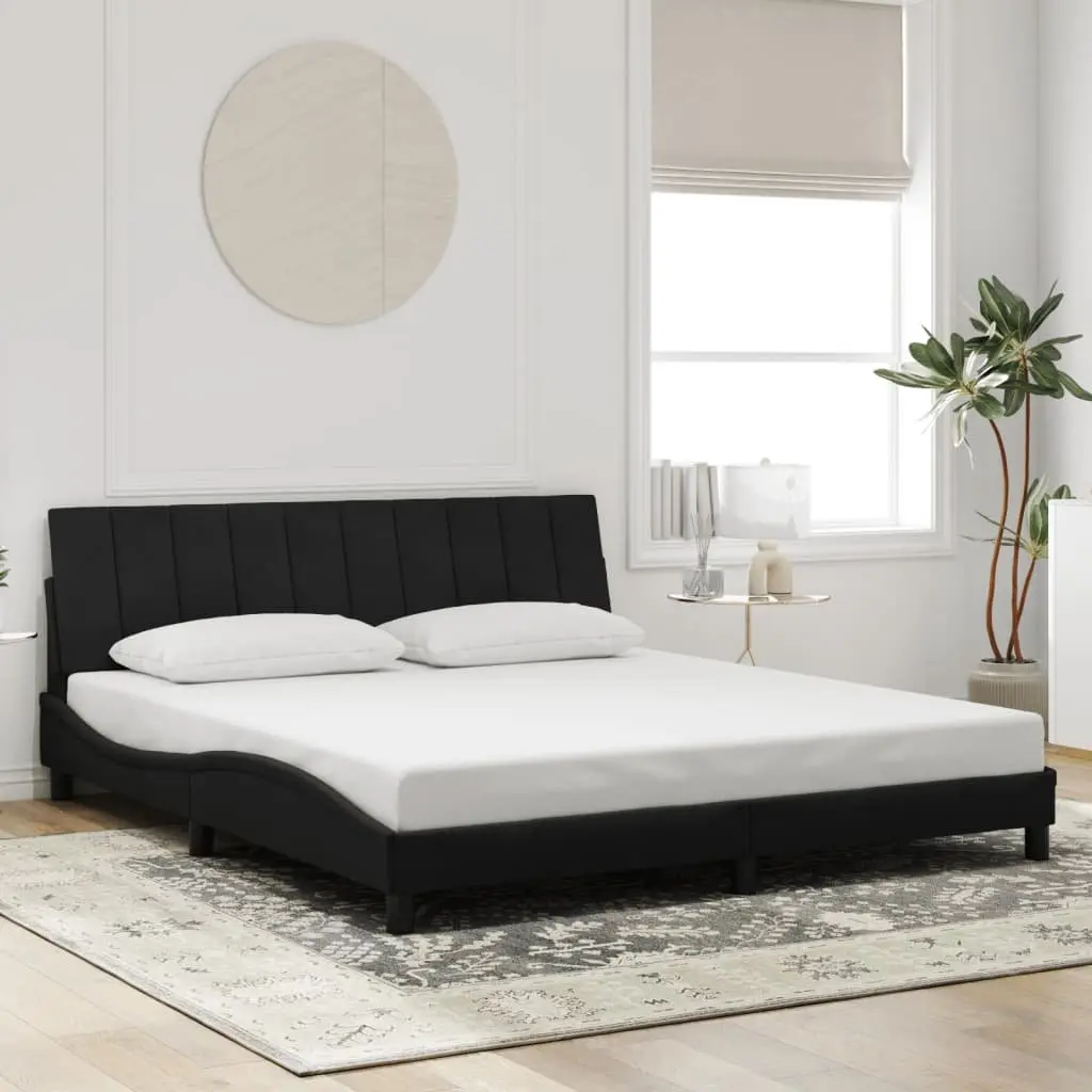 King Bed Frame with LED Lights Slatted Base Black Velvet Headboard 180x200 cm