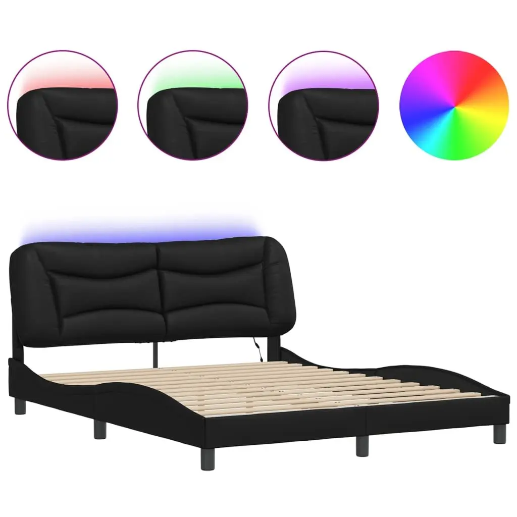 Bed Frame with LED Lights Black Faux Leather Headboard Pillow 152x203 cm