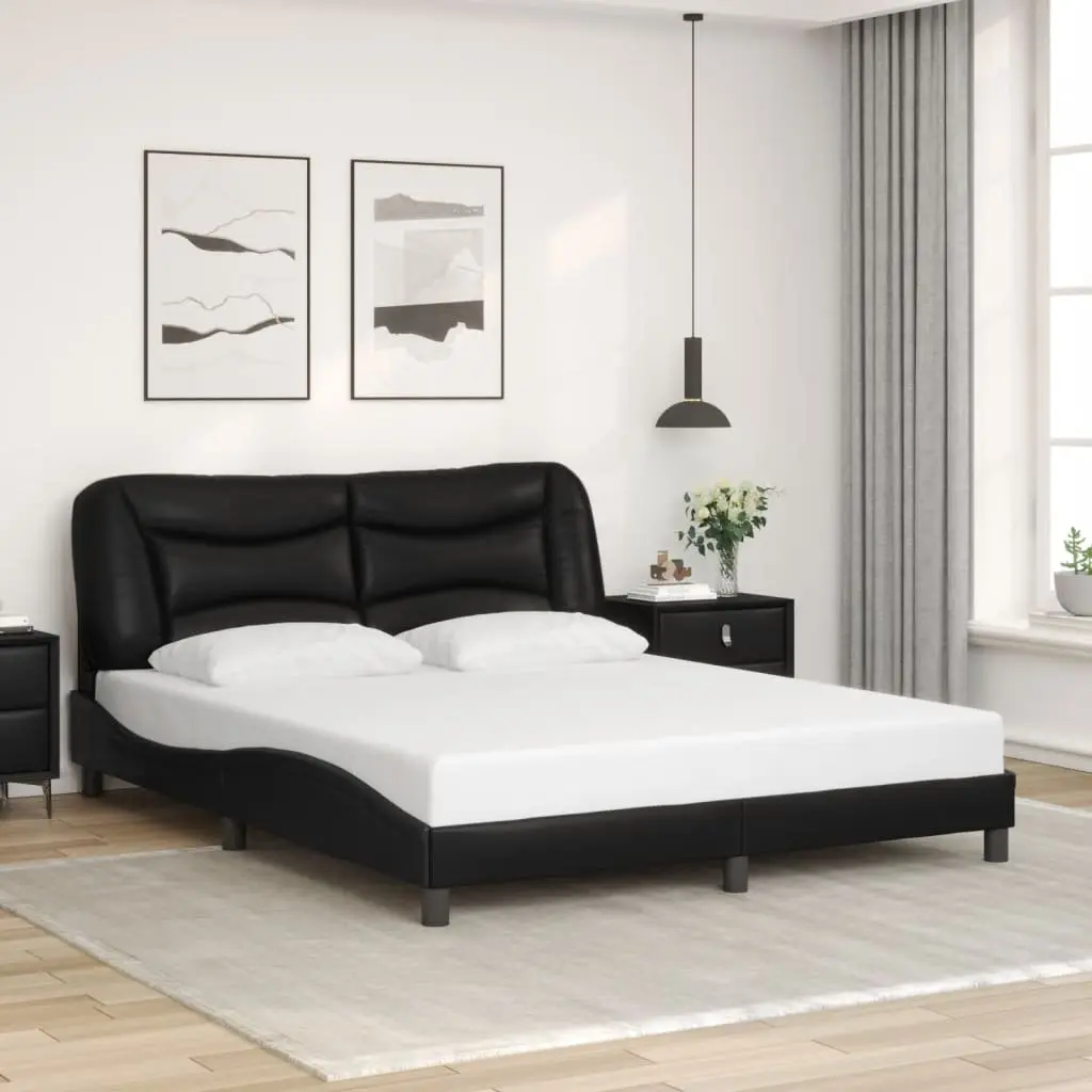 Bed Frame with LED Lights Black Faux Leather Headboard Pillow 152x203 cm