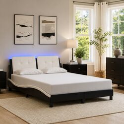 LED Bed Frame Dimensions: 137x190cm, Faux Leather, Black & White