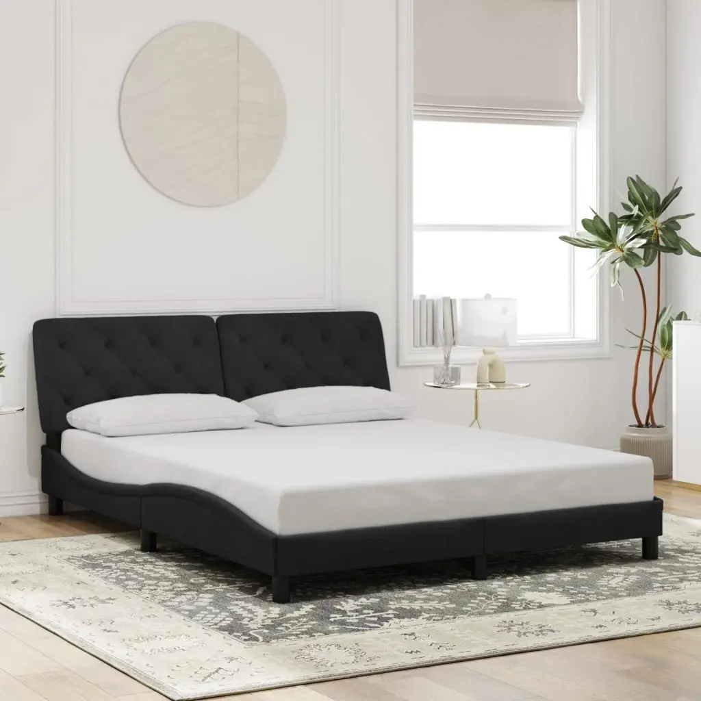 Queen Bed Frame with LED Lights Black Velvet Upholstered Headboard Pillow