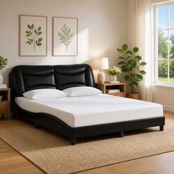 Bed Frame with LED Lights Black Faux Leather Headboard Plywood Slats 152x203 cm