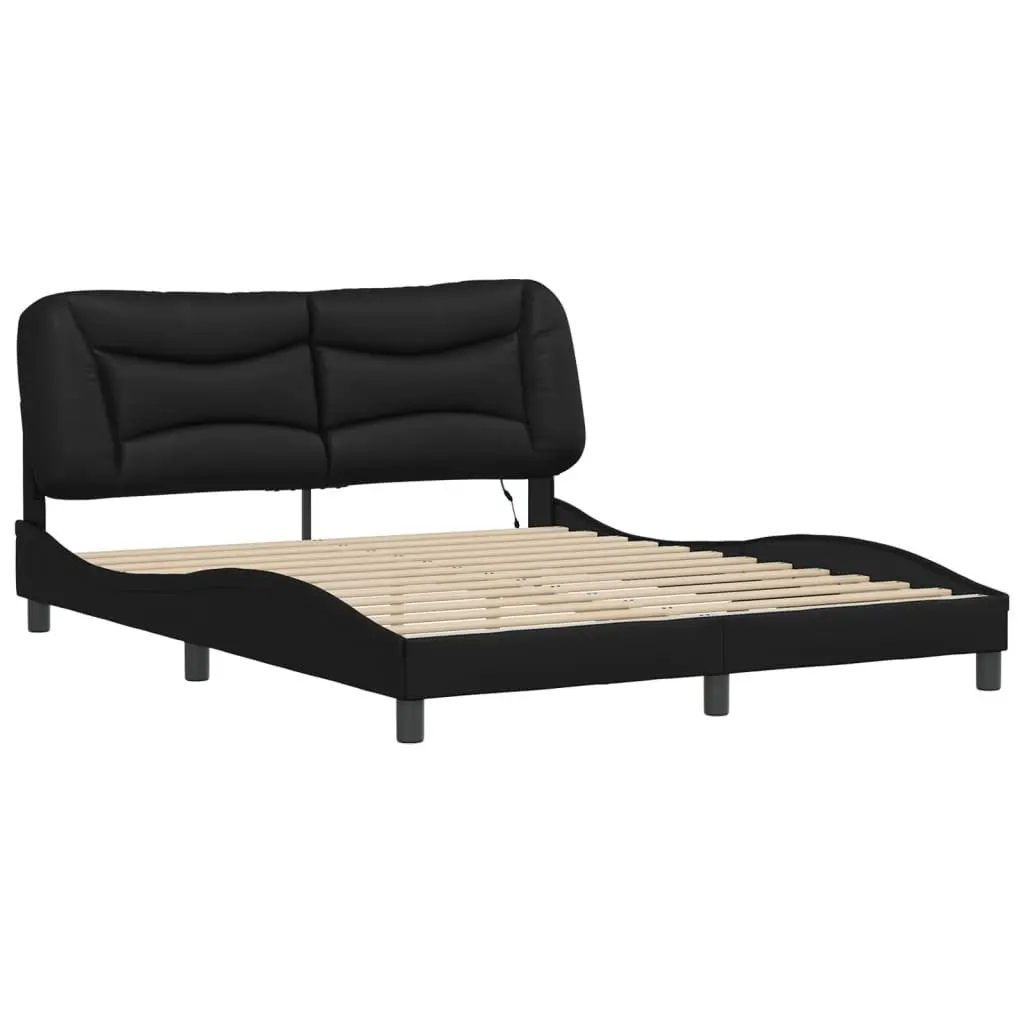Bed Frame for Bedroom with LED Lights Black Faux Leather Headboard 152x203 cm