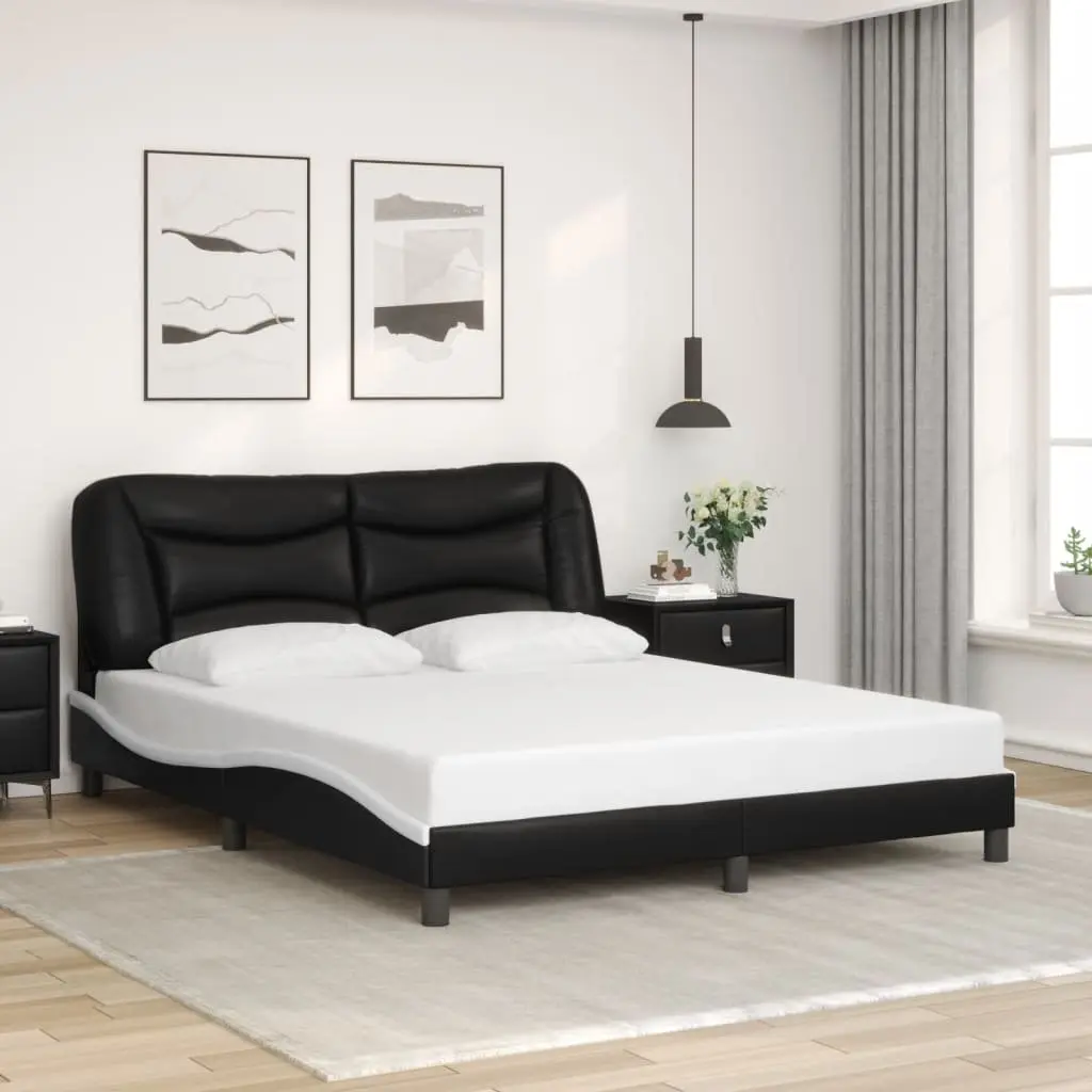 Bed Frame with LED Lights for Bedroom 152x203cm Faux Leather Black White