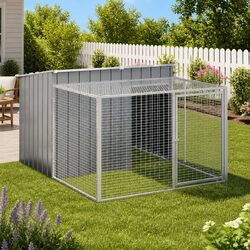 Dog House with Run: 153 x 194 x 110 cm, Galvanised Steel