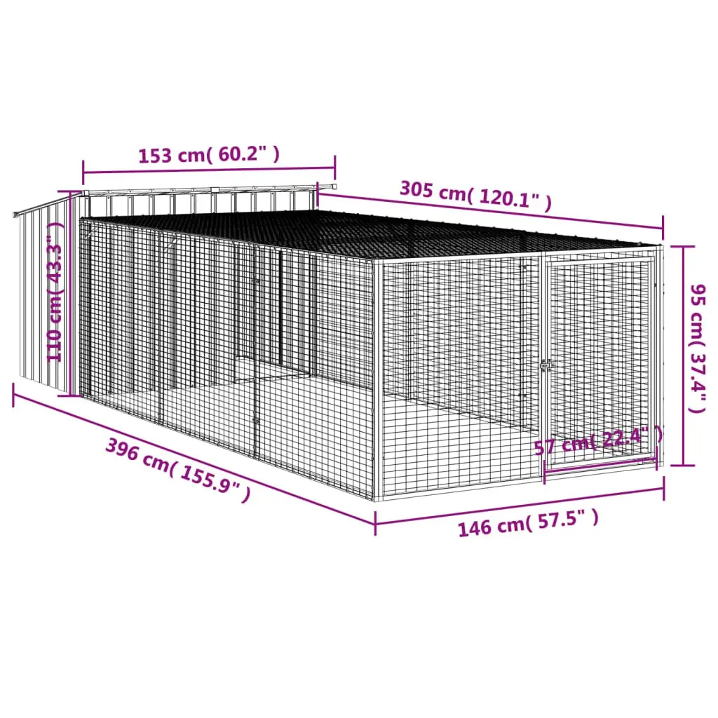 Galvanised Steel Outdoor Dog Kennel with Run Anthracite 153 x 396 x 110 cm