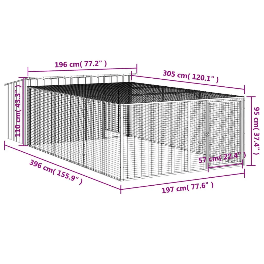 Dog House with Run Anthracite Galvanised Steel Outdoor Kennel Cage Mesh