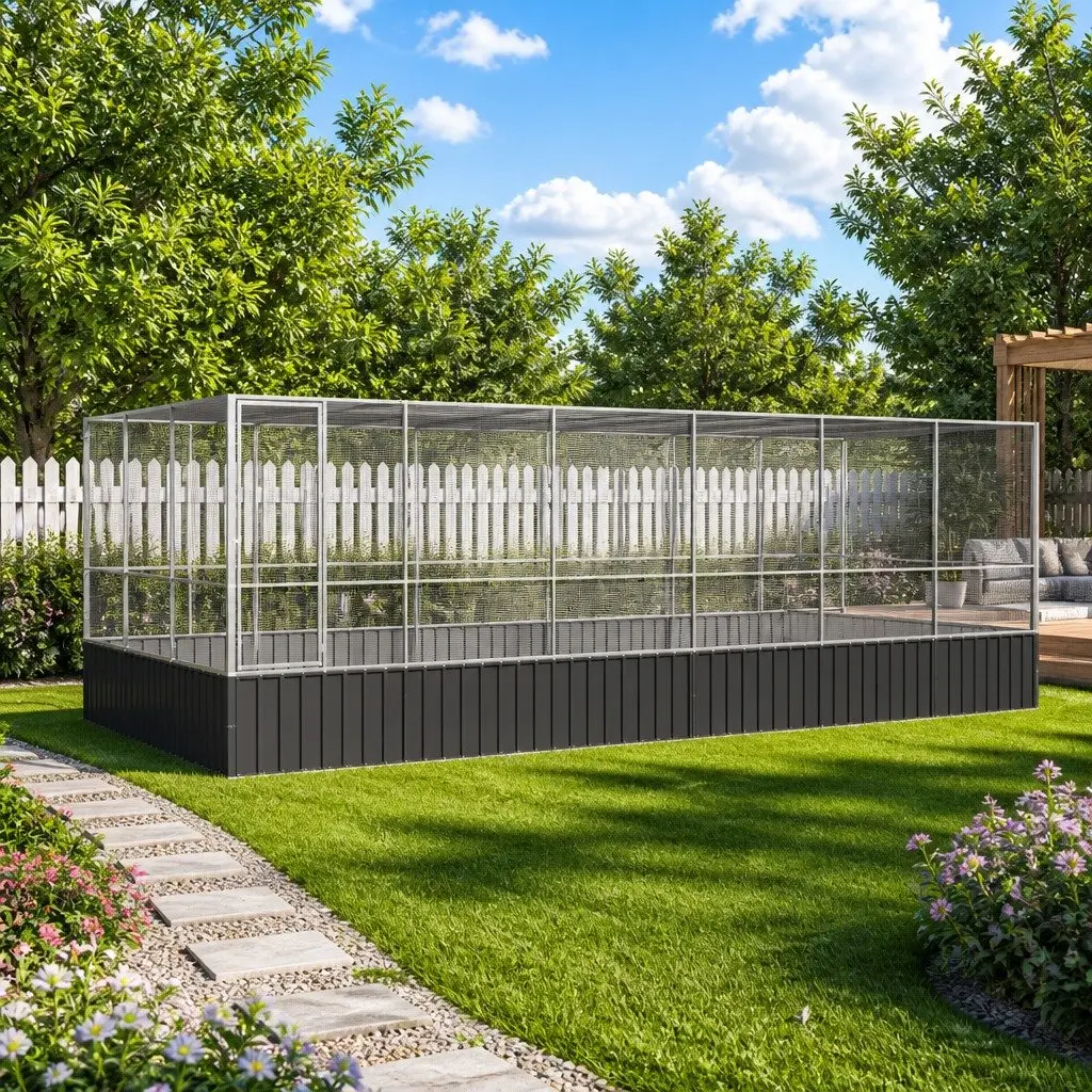Large Aviary with Extension Steel Mesh Bird Cage Outdoor Enclosure Silver