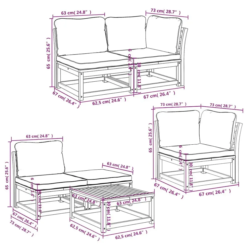 6 Piece Garden Lounge Set for Patio Brown Acacia Wood with Cushions