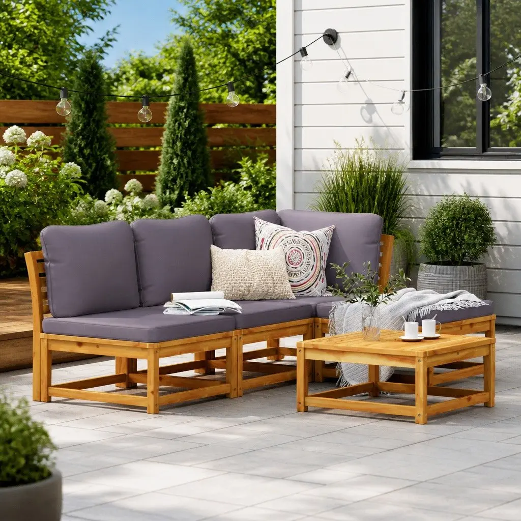 5 Piece Modular Lounge Set for Outdoor Use Acacia Wood Sofa with Cushions Brown