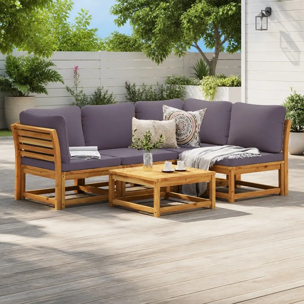 Garden Lounge Set 5 Piece Outdoor Sectional Sofa Brown with Cushions Wood
