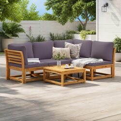 5 Piece Garden Lounge Set: Solid Acacia Wood & Cushions