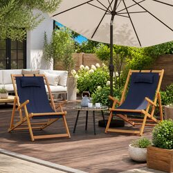 Folding Beach Chairs Set: 2 pcs Blue, Eucalyptus Frame