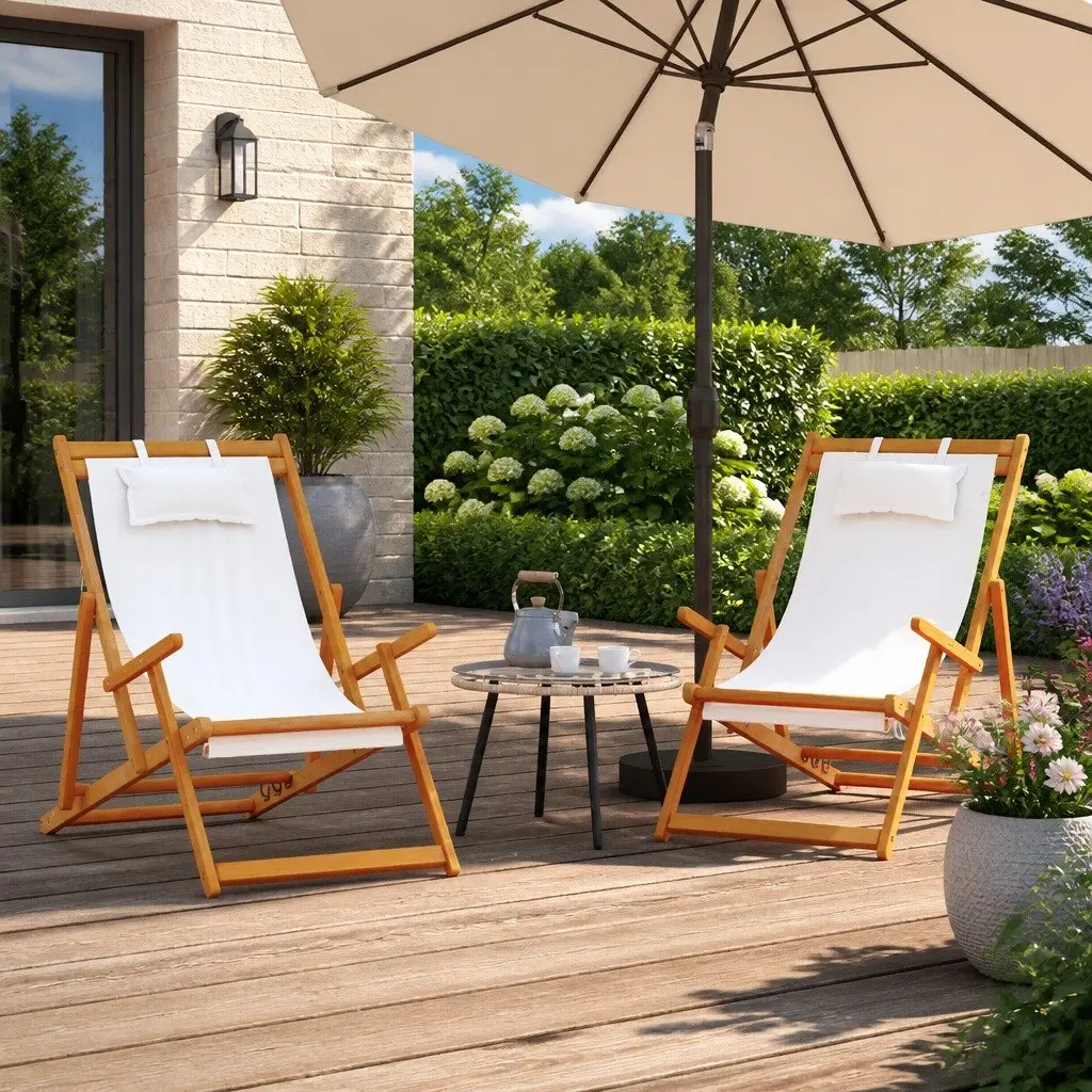Folding Beach Chairs Outdoor Lounge Cream 2 Piece Garden Camping Seating